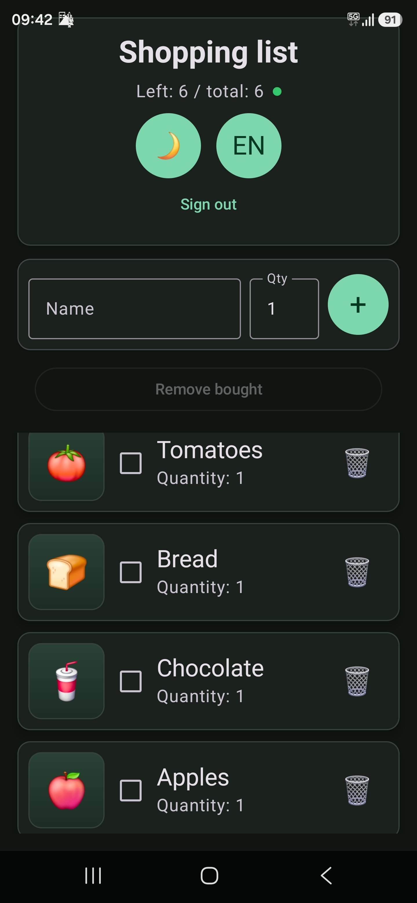 Family Shopping List — real app screenshot, dark theme